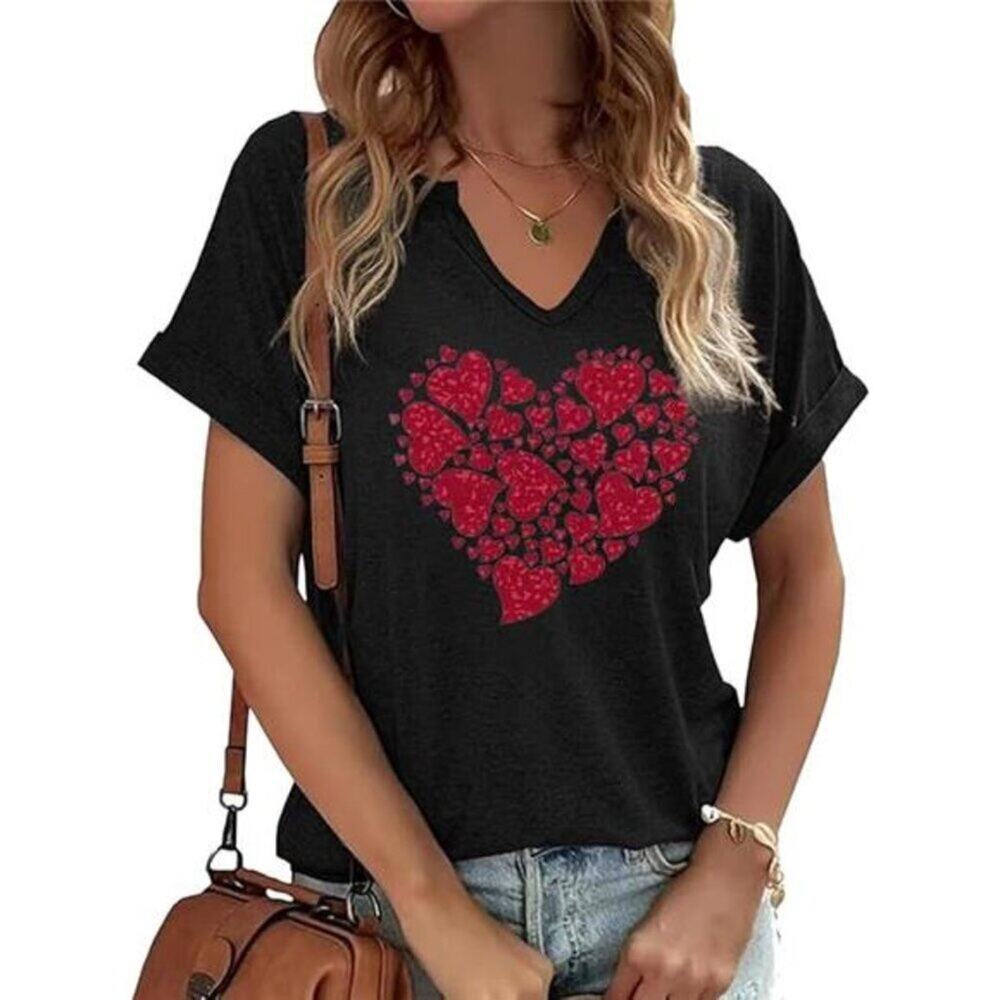 Women's Lover Heart Graphic V Neck Shirt Valentines Funny Couple - Picture 5 of 7